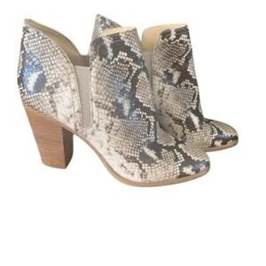 Snakeskin Print Ankle Booties Beige Brown Block Heel Elastic Panels Womens SZ 10
